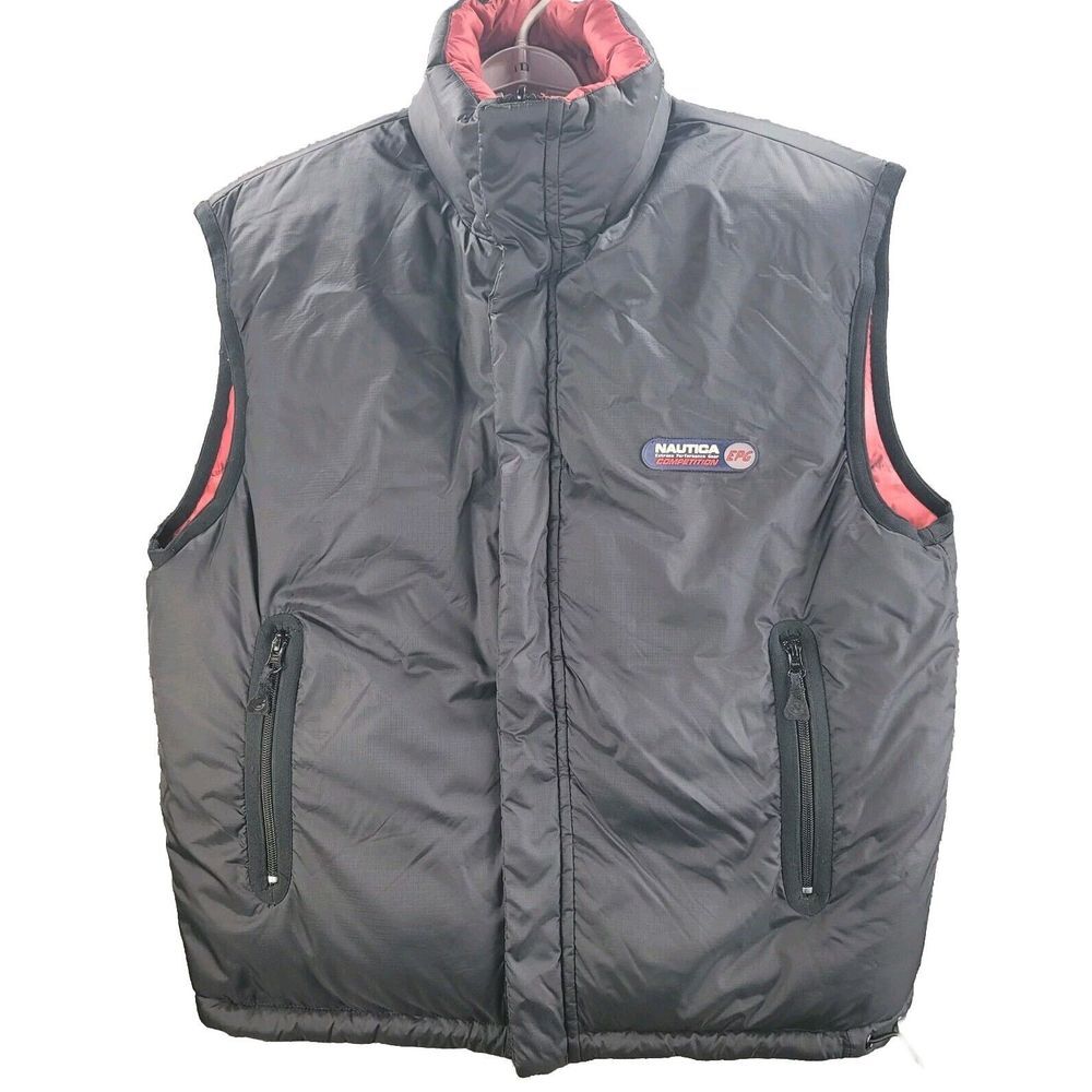 Nautica Competition Puffer Vest Black Red Mens Medium Full Zip Goose Down Jacket